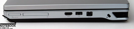 Правая панель: Картридер 7-в-1,  ExpressCard, HDMI, USB 2.0, Firewire, замок Kensington