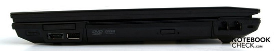 Справа: переключатель WiFi, ExpressCard/34, комбинированный USB/eSATA, USB-2.0, оптический LW, модем RJ-11, RJ-45 LAN,  слот замка Kensington