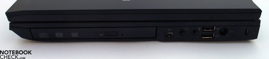Справа: DVD привод, Firewire, аудио порты, USB 2.0, разъем питания, Kensington lock
