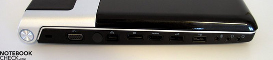 Левая панель: замок Kensington, VGA, антенна, LAN, порт монитора, HDMI, 2x USB 2.0, аудио