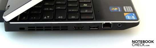 Слева: слот замка Kensington, щель СО, HDMI, USB 2.0, RJ45 (LAN), аудио