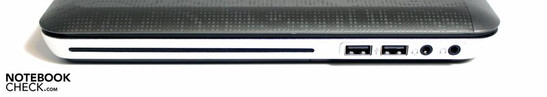 Слева: оптический привод с щелевой загрузкой, 2 x USB 2.0, комбинированный аудиовыход, выход для наушников