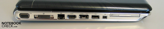 Слева: VGA, док-разъем, LAN, HDMI, eSATA/USB, USB, FireWire, ExpressCard