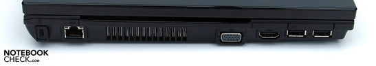 Слева: Kensington Lock, LAN, VGA, HDMI, 2xUSB, 34мм Express Card