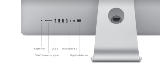 Слева направо: аудиоразъем, SD-картридер, четыре USB 3.0, два Thunderbolt 2, Ethernet, разъем питания