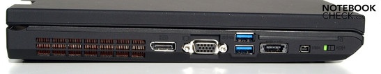 Слева: вентилятор, порт дисплея, VGA, 2x USB 3.0, комбинированный порт USB/eSATA, Firewire, главный переключатель WiFi