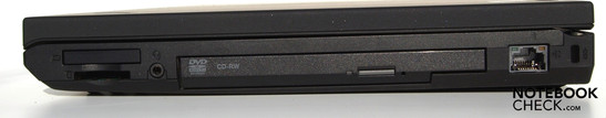 Справа: ExpressCard/34, кардридер 5-в-1, аудио комбо, слот Ultra-bay slot с DVD-RW, RJ45-LAN, слот замка Kensington