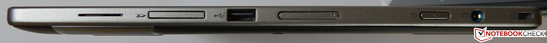 Справа: картридер, USB 2.0, регулировка громкости, кнопка включения, разъем питания, Kensington