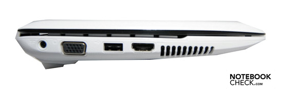 Слева: Вход адаптера питания, VGA, USB 2.0, HDMI