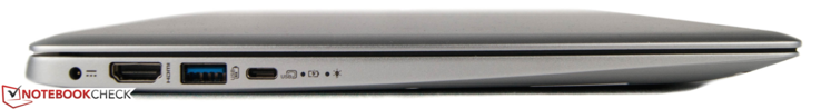 Вид слева: гнездо зарядного устройства, HDMI-выход, USB 3.0, USB Type-C