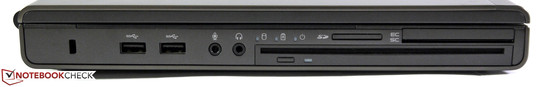 Слева: замок Kensington, 2 порта USB 3.0, аудиоразъемы, оптический привод с щелевой загрузкой, кардридер, SmartCard, ExpressCard 54/34
