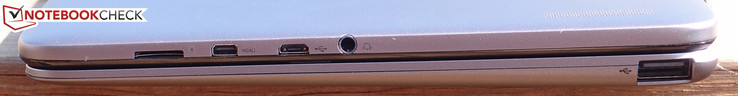 Справа: слот microSD, micro-HDMI, microUSB 2.0, аудиоразъем, USB 2.0 (на клавиатуре)