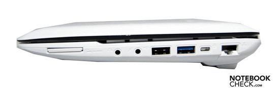 Справа: Картридер, линейные вход/выход, USB 2.0, USB 3.0, Kensington, RJ 45 (LAN)