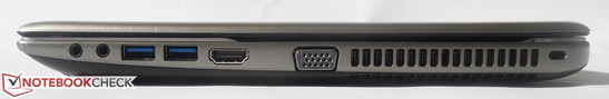 Правая сторона: 2 аудиопорта, 2x USB 3.0, HDMI, VGA, Kensington