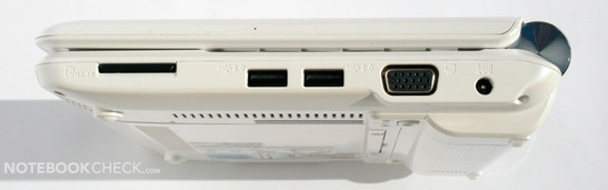 Правая сторона: MMC/SD кардридер, 2 порта USB 2.0, VGA, разъём питания