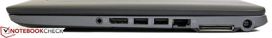 Справа: 3.5-мм аудиоразъем, DisplayPort, два порта USB 3.0, SD-картридер, Ethernet, порт док-станции, разъем питания