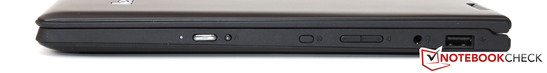 Справа: кнопка питания, кнопка блокировки поворота экрана, качелька-регулятор громкости, 3.5-мм аудиоразъем, USB 2.0