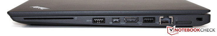Справа: считыватель смарт-карт, USB 3.0, mini-DisplayPort, HDMI, USB 3.0, Ethernet, SIM-слот, слот Kensington