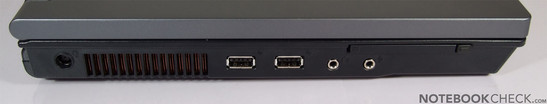 Слева: Kensington Lock, разъем питания, 2x USB, VGA, LAN, модем, HDMI, Firewire