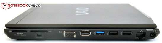 Справа: Картридер (2 слота), VGA, HDMI, USB 3.0, 2x USB 2.0, Rj-45, разъём питания