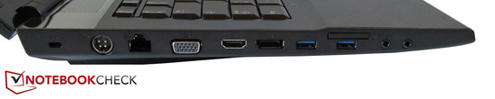 Слева: Разъем для замка Кенсингтона, разъем для подключения питания, RJ45, Gigabit LAN, VGA, HDMI, display port, 2 х USB 3.0, считыватель карт памяти 7-в-1, аудиоразъ
