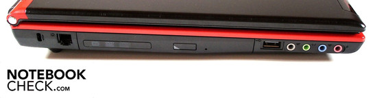 Слева: Kensington, модем, оптический привод, USB 2.0, 4 аудиопорта