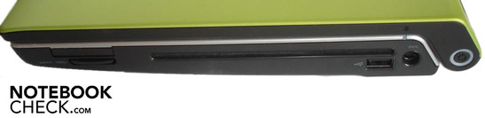 Справа: 34 мм ExpressCard, кардридер, привод DVD, USB 2.0, разъем электропитания