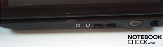 Справа: два аудио разъема (для наушников и микрофона), два USB 2.0 порта, VGA порт, Gigabit Lan и разъем питания