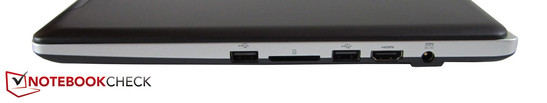 Справа: USB 2.0, картридер, USB 2.0, HDMI, разъём питания