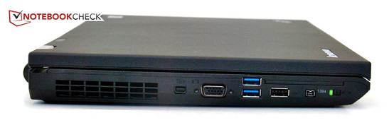 Слева: MiniDisplayPort, VGA, 2x USB 3.0, USB 2.0, FireWire 400
