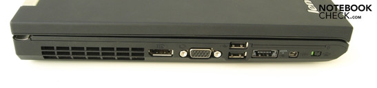 Слева: Решетка вентиляции, Display port, VGA, 2хUSB, USB/eSATA, FireWire, выключатель WiFi