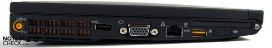 Слева: разъем электропитания, USB 2.0, VGA, LAN, USB 2.0, ExpressCard/54, главный Wi-Fi переключатель