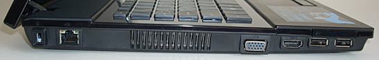 Слева: замок Кенсингтона, LAN, вентиляционная решетка, D-Sub/VGA, HDMI, ExpressCard/34, 2x USB