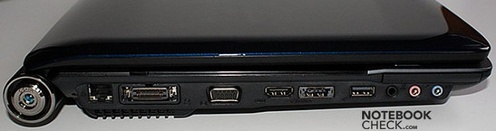 Левая сторона: разъем электропитания, разъем ЛВС (LAN), порт расширений, VGA, HDMI, USB/eSATA, USB, SPDIF, audio-in, audio-out