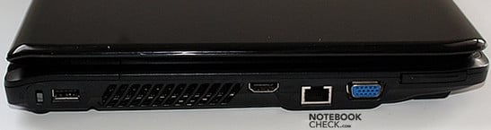 Левая панель: Замок Kensington, USB, вентиляционные отверстия, HDMI, LAN, VGA, ExpressCard/34