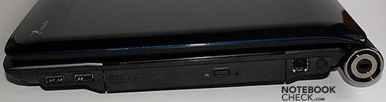 Правая сторона: 2x USB, оптический дисковод, модем, Kensington шлюз