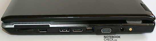 Правая панель: ExpressCard, считыватель карт, USB, eSATA/USB, HDMI, LAN, VGA, разъем питания, антенна