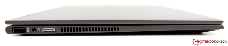 Левая сторона: USB 3.1 Gen 1 Type-A, комбинированный аудио разъем, кнопка включения, решетка вентиляции
