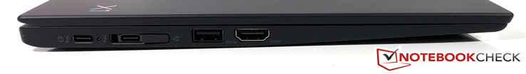 Левая сторона: USB Type-C Thunderbolt 3 x2, коннектор док-станции (совмещен со вторым USB Type-C), USB Type-A 3.0, HDMI 1.4b