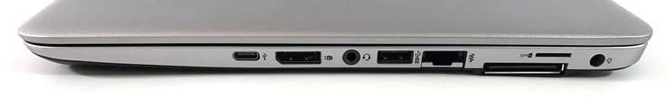 Справа: USB Type-C Gen 1, DisplayPort 1.2, кардридер, 3.5 мм аудио разъем, USB 3.0, Ethernet-порт, порт док-станции, слот microSIM-карты, гнездо зарядного устройства