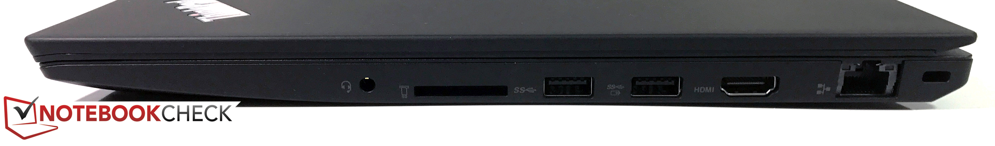 справа: 3.5-мм аудиопорт, адаптер карт SD, 2x USB 3.0 (1x всегда включен), HDMI 1.4b, сеть RJ45, замок Kensington Lock