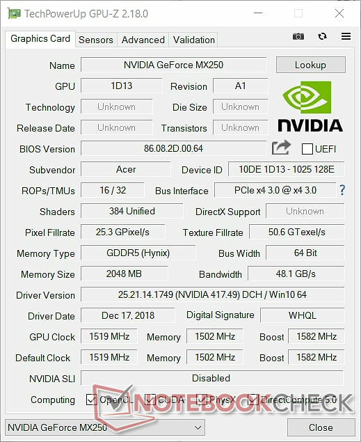 GeForce MX250 GPU-Z (ноутбук Acer Aspire 5 A515-52G-721H)