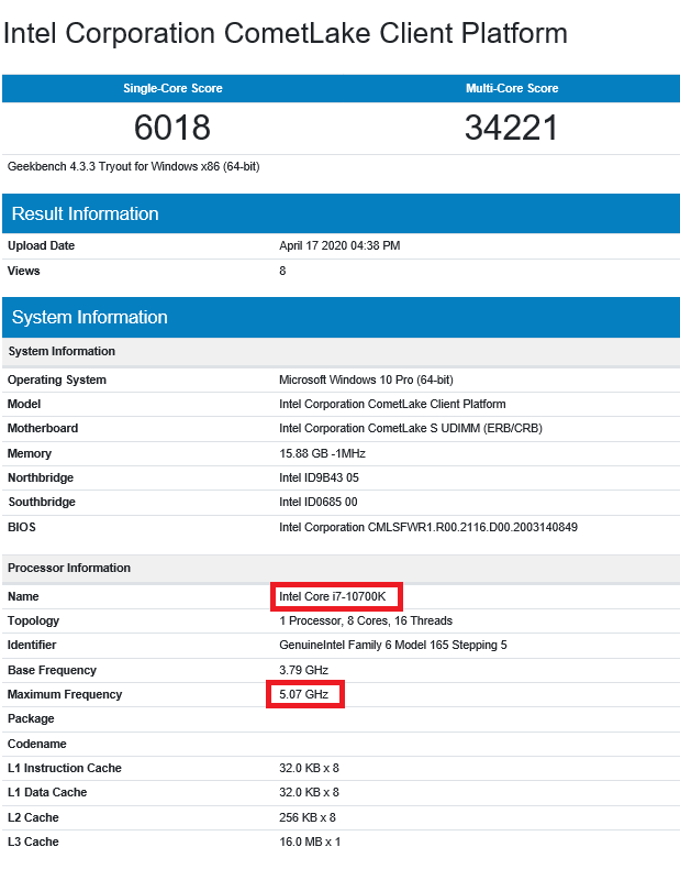 Intel Core i7-10700K работал на частоте 5.07 ГГц. (Изображение: Geekbench)