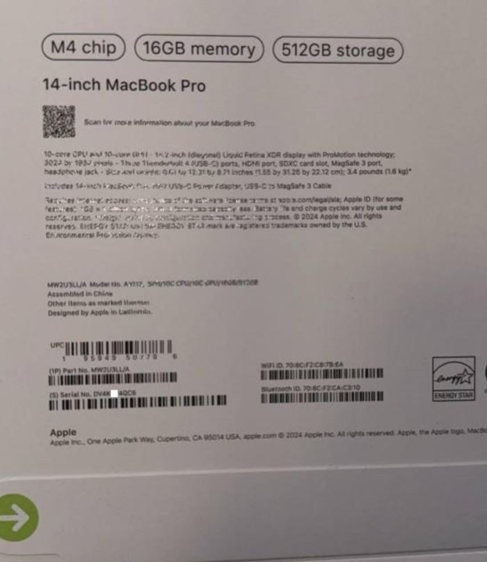 Утечка изображения коробки M4 MacBook Pro указывает на большее количество базовой памяти. (Источник изображения: ShrimpApplePro через Twitter)