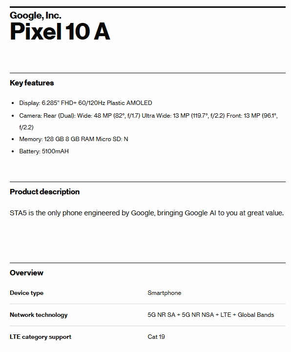Предполагаемая сертификация Google Pixel 10a на Verizon (Источник изображения: Evan Blass)