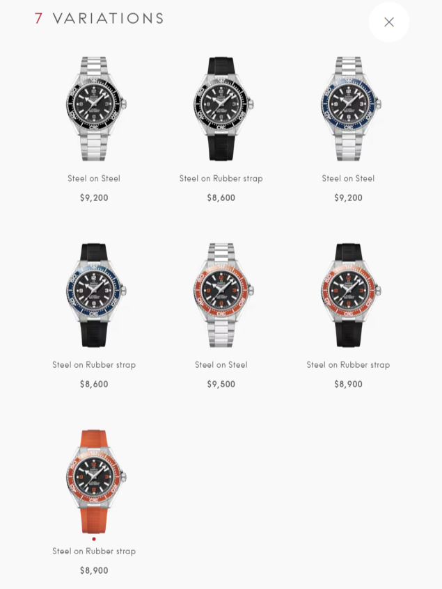 Семь вариантов часов Seamaster Planet Ocean 600M четвертого поколения. (Источник изображения: Omega)