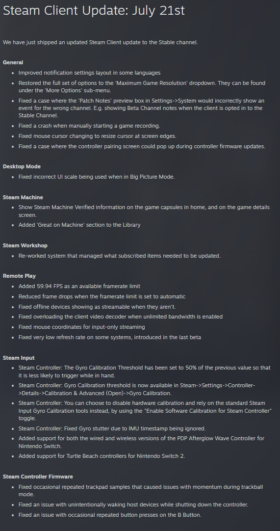 Официальные примечания к обновлению Steam.