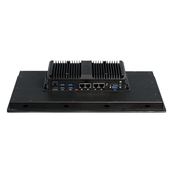 Задняя сторона APPC160 C21-01 с радиатором без вентилятора и четырьмя портами LAN, USB и последовательным портом DB-9.