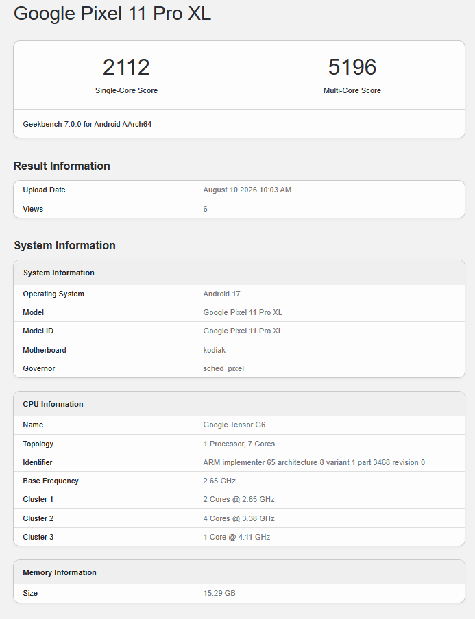 Запись о Google Tensor G6 в Geekbench