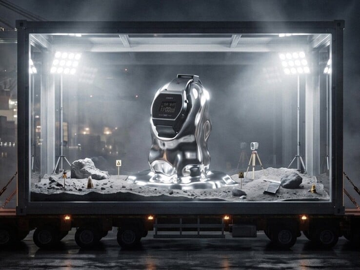 Модель Casio x GRAGG LW-204GRAGG-1BDF представлена на серебристой подставке внутри стеклянной инсталляции на фоне, оформленном в лунной тематике.